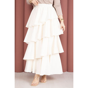 Ecru Pleated A-Line <b>Skirt</b> with Ruffles Breathable Chiffon Spandex Nylon Silk Cotton Fabrics XS Size for Spring Season - Product Image 2