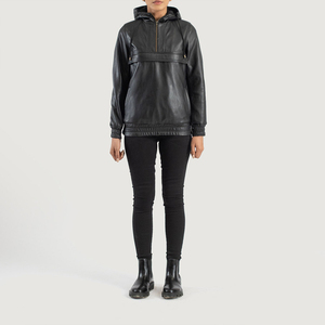Veste Anorak en Cuir Noir pour Femmes Pull à Capuche Demi-Zip Vêtement d'Extérieur Casual Sportif Mode Style Hiver - Product Image 5