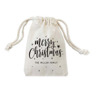 Merry Christmas Holiday Favor Eco-Friendly Reusable Cotton <b>Drawstring</b> Bags with Custom Logo & Family Name for Gift Packaging - Product Image 1