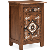 Mesa Auxiliar de Madera Tallada Estilo Bohemio, Mesita de Noche Rústica de Madera Maciza con Patrones Étnicos, Diseño Moderno, 2 Cajones para Apartamento o Dormitorio