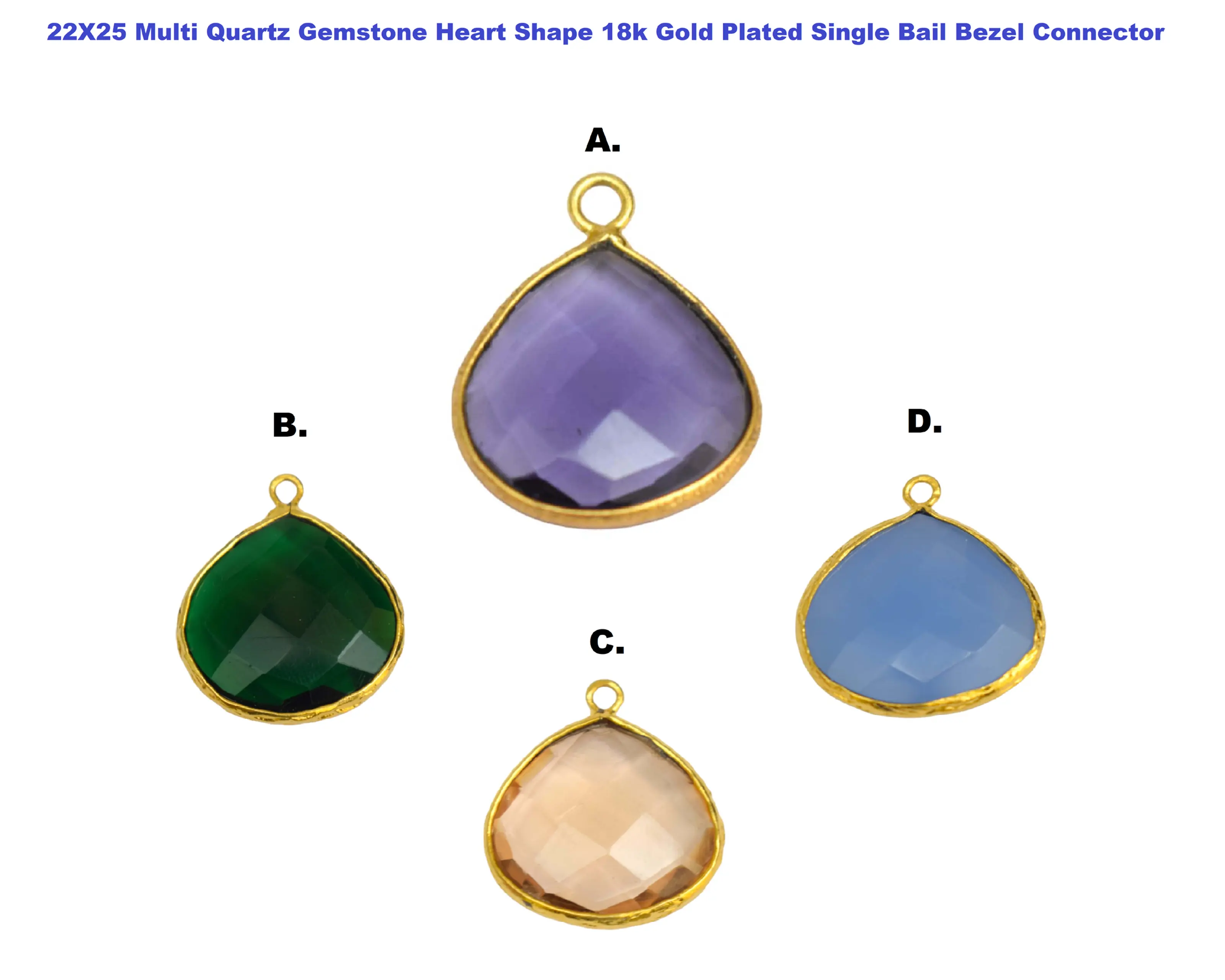Multi Quartz Gemstone Heart Shape 18K Gold Plated Single Bail Bezel Connector Best Jewelry Component