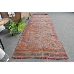 <b>Vintage</b> Turkish Wool <b>Rug</b> 2.7 X 9.5ft Orange Red Large Area Patchwork Design for Hallway Living Room Bedside for Latex Floors - Product Image 4