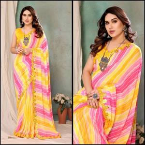 Stylish <b>Ethnic</b> Silk Heavy Georgette Banglori Blouse Mirror Lace Floral Pattern Fancy <b>Bandana</b> Saree Eco-Friendly Stretchable - Product Image 5