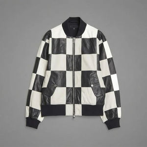 Blouson aviateur en cuir à carreaux noir et blanc |   Veste de mode de rue unique - Product Image 1