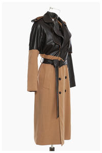 Manteau court en cuir véritable pour femme, doublure en coton, imperméable, coupe-vent, respirant, lavé, écologique, avec ceinture, couleur kaki - Product Image 3