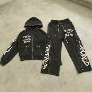 Fabricants de vêtements personnalisés, streetwear, patch, Asidwash, effet délavé, rivets, fermeture éclair, ensemble sweat-shirt et pantalon de survêtement, survêtement - Product Image 3