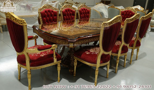 Juego de muebles de comedor de estilo italiano de lujo, juego de mesa de comedor tallado a mano con acabado dorado, mesa de comedor de 8 plazas de diseñador indio, Reino Unido - Product Image 2