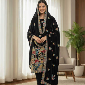 Heavy Viscose Velvet Dupatta Embroidered <b>Sequin</b> Work Solid Sweet Knee-Length Vintage <b>Top</b> Bottom Straight Silhouette Winter - Product Image 1