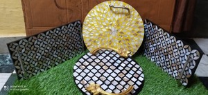 High Quality Round <b>Wicker</b> Serving Tray with Mother of Pearl Inlay Artisan Aura for Stylish <b>Coffee</b> <b>Table</b> Decor - Product Image 3