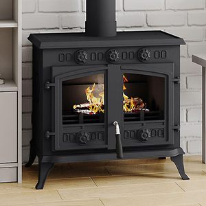 Poêle à bois moderne multi-combustibles en aluminium 10KW, dimensions H 63cm x L 61cm x P 43cm - Product Image 1