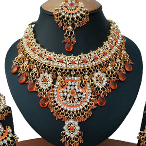 Antique Style Vintage Crystal Zircon Imitation Pearl Alloy Orange Jewelry Set Necklace Earrings Headpiece Gold Wedding Party - Product Image 2