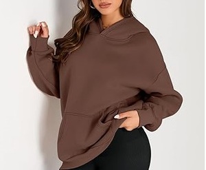 Pull surdimensionné à épaules tombantes de couleur unie Impression bouffante Sweats à capuche d'hiver Vente en gros de sweat à capuche épais pour femmes - Product Image 4