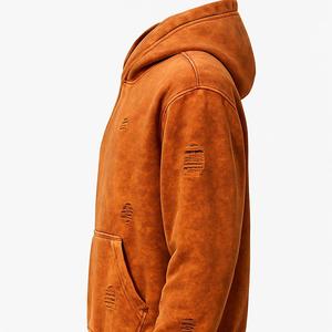 Sweat à capuche zippé en molleton de coton vintage surdimensionné vierge avec broderie bouffante personnalisée sans cordon de serrage Sweat à capuche zippé à double fermeture éclair délavé à l'acide - Product Image 6