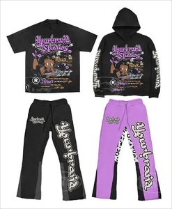 Ensemble de survêtement évasé à logo personnalisé 100% coton pour pantalon de survêtement et sweat à capuche à imprimé bouffant pour l'hiver - Product Image 1