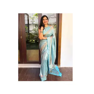 الساري النسائي الأعلى مبيعًا المُزين بأنيق ومذهل من قماش الجاكار المنسوج من أجل ملابس الزفاف المستعملة من الهند