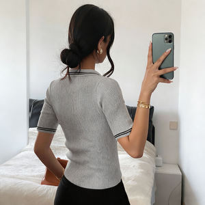 Novedad 2026: Top Polo <span class=keywords><strong>de</strong></span> Punto Acanalado Azul Marino para <span class=keywords><strong>Mujer</strong></span>, Corte Ajustado, con Ribete en Contraste, Manga Corta, Prenda <span class=keywords><strong>de</strong></span> Punto Informal - Product Image 5