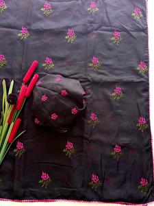 Sari con Blusa de Diseñador, Sari Indio para Mujer para Festivales, Seda Kota Doriya con Flores, Bordado con Hilos Multicolores, Encaje - Product Image 4