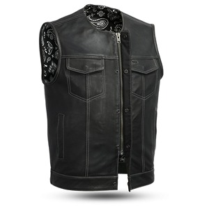 Chaleco de motociclista estilo Club de cuero negro para hombre con cremallera de doble cierre y broches Chaleco de cuero para motocicleta Chaleco de cuero - Product Image 1