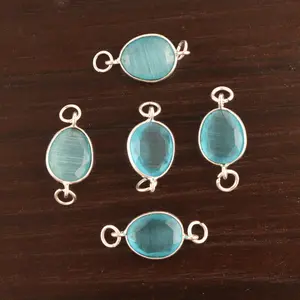 Custom wholesale faceted blue cats eye brass silver plated double bail connector egg shape bezel charm connector jewelry finding