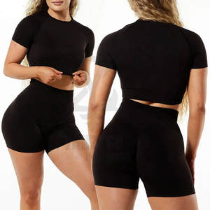 Conjunto de Yoga sin costuras de 2 piezas de alta elasticidad para mujer Sujetador deportivo de patrón sólido y pantalón corto Característica de talla grande - Product Image 4