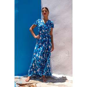 Hot Blue Wrap Selling <b>Summer</b> Elegant Printed High Quality <b>Short</b> Sleeved High Waist <b>Dress</b> Fashion Print A-Line <b>Dresses</b> for Women - Product Image 1