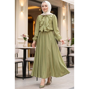 Casual Muslim Outfit Set Ruffled Long Sleeve Olive Green Skirt Print Pattern Breathable Prairie Chic Modal Fabric Adult Women's - Product Image 1