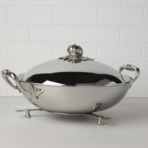 Grande casserole de service en cuivre Fournitures de restaurant Pot chaud fait à la main Forme ronde avec poignée en laiton Réchauffeur de nourriture de couleur or - Product Image 4