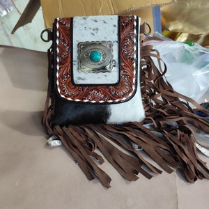 Best Selling Women's Genuine Leather Bohemian <b>Sling</b> Bag High Quality Hand Tooling Custom Pattern Tassel Decoration Zipper - Product Image 2