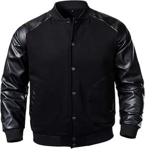 Veste universitaire noire pour homme avec manches en cuir PU, logo personnalisé, veste bomber de baseball, streetwear, style universitaire, mélange de laine, vêtements d'extérieur - Product Image 6