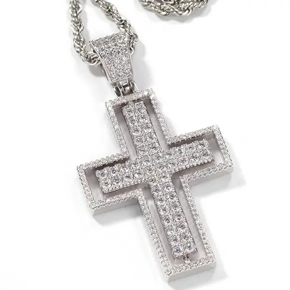 Mannen Iced Out Hip Hop Gold Grote Moissanite Diamanten Kruis Hanger Met 925 Zilveren Touw Ketting Kerstcadeau Voor hem