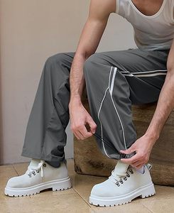 Men's Midweight 100% Cotton Track Pants 2025 Straight Baggy High Anti-Wrinkle Acid Wash Summer Vacation Casual <b>Elastic</b> Zipper - Product Image 1