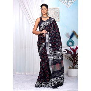 ผ้าส่าหรีผ้าลินินผ้าฝ้ายพิมพ์ลายด้วยมือแบบดั้งเดิมด้วยวิธีการพิมพ์แบบช่างฝีมือ - Product Image 1