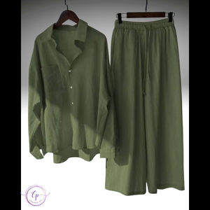 Ensemble coordonné 2 pièces en mélange de coton pour femme 2025 - Chemise ample et pantalon large - Product Image 4