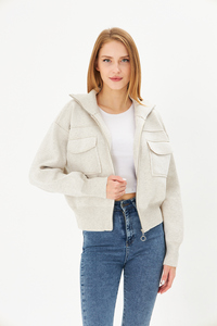 Manteau court décontracté pour femmes tricot à glissière en acier tricot manteau quotidien confortable avec col à capuche haut élégant confort assaisonné - Product Image 2