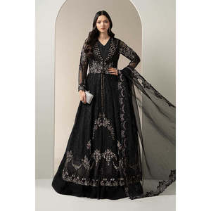 Vestido de Novia Negro de Manga Larga con Cuello en V, Corte en A con Drapeado y Pliegues, Cintura Natural, Chifón con Bordado TC-1381 BD-3004 - Product Image 1