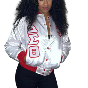 Chaqueta universitaria de satén para mujer con forro de lana teñida con logotipo bordado personalizado, transpirable y ecológica al por mayor - Product Image 1