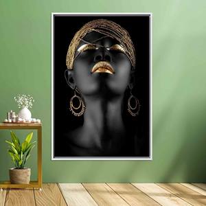 Elegant Black Woman Gold Lip Canvas Print: Modern African Art,WHITE <b>FRAMED</b> CANVAS - Product Image 1