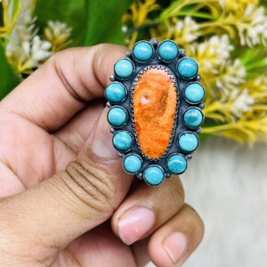 Bague en argent sterling 925 massif turquoise en cuivre orange, cadeaux de bague de barre martelés à la main pour son cadeau de mariage d'anniversaire - Product Image 4