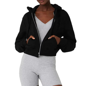 Wholesale Custom Logo Casual Cropped <b>Hoodie</b> for <b>Women</b> 100% Cotton Custom Logo Blank Plain <b>Black</b> <b>Zip</b>-up High Anti-Shrink Knitted - Product Image 1
