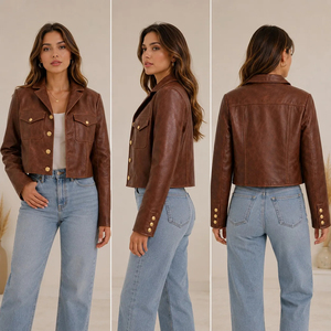 Premium <b>Women's</b> <b>Vintage</b> Brown Cow <b>Leather</b> Trucker <b>Jacket</b> Cropped Fit Gold Button Front Flap Chest Pocket Luxury Streetwear - Product Image 6