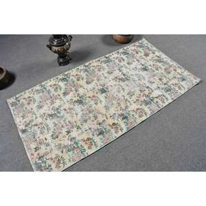 พรมขนสัตว์สีเบจสีน้ำเงินแบบดั้งเดิมทำด้วยมือ2.9x5.7ft สไตล์วินเทจแบบตุรกีการเย็บปะติดปะต่อกันการออกแบบสี่เหลี่ยมผืนผ้าสำหรับทางเดินข้างเตียงยางพารา - Product Image 2