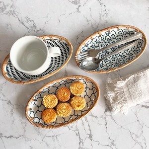Artisanat vietnamien, plateau de service en rotin naturel, assiette en porcelaine florale faite à la main, plats en céramique pour fruits, plat de service en osier pour aliments - Product Image 4