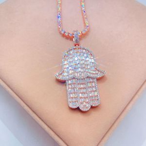 Colgante de oro rosa 925 Plata Baguette VVS Moissanite Hamsa y cadena de tenis de 18" - Product Image 2