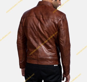 Veste en cuir véritable pour homme, marron, imprimée, en peau de mouton, avec patchs personnalisés, col montant en daim vintage - Product Image 6