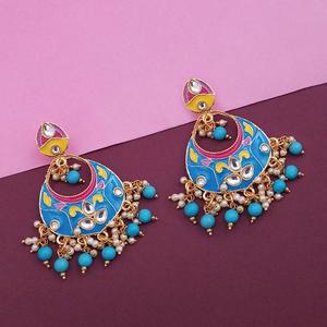 Kriaa Blue Meenakari <b>Kundan</b> Gold Plated Dangler Earrings Fashionable 1314205A <b>Jewelry</b> - Product Image 1