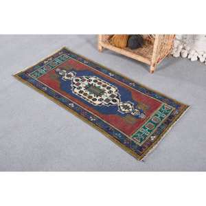 <b>Vintage</b> Traditional Blue and Red Patchwork Wool <b>Rug</b> 1.7 X 3.6 ft with Latex Backing - Product Image 2