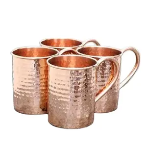 批发销售餐厅饮料杯套装定制四件套锤打设计高闪亮铜水杯印度制造