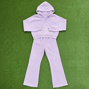 Hot Selling Casual Wear Crop <b>Top</b> Zip Up Hoodie & Flare Jogger Sweatsuit 100% Cotton Heavyweight Winter <b>Warm</b> Tracksuit For <b>Women</b> - Product Image 3