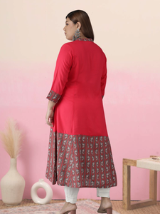 Kurti Anarkali de Rayón con Estampado Floral y Borde, Talla Grande para Mujer, Color Rosa, Cómodo, Corte Regular, Estilo Étnico Indio - Product Image 4