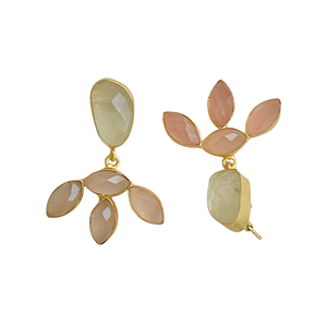 Pendientes Largos Vintage Chapados en Oro de 18K con Prehnita, Calcedonia Rosa, Forma de Marquesa, Incrustaciones Geométricas, Engaste de Bisel, Latón, Agua Dulce - Product Image 3